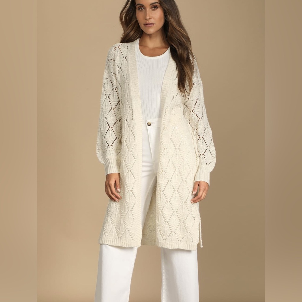 Ivory Pointelle Knit Cardigan Sweater